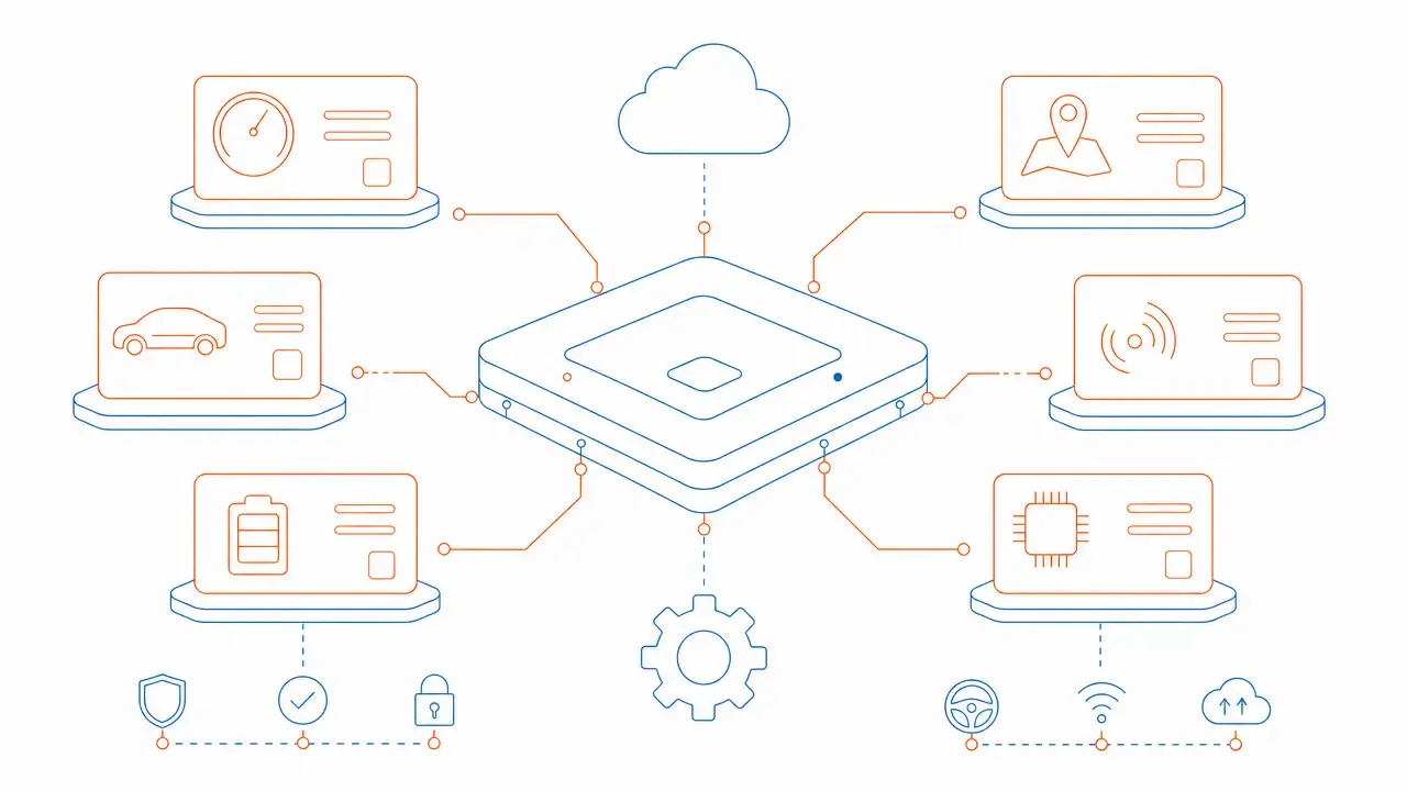 Illustratie van het Vinacles-platform als centrale hub die is verbonden met meerdere productmodules, met beveiligings- en login-iconen (schild, vinkje, slot).