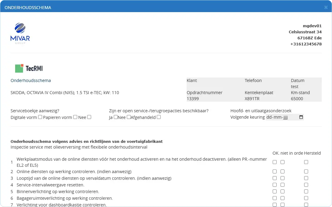 2Quote onderhoudsschema gekoppeld aan TecRMI